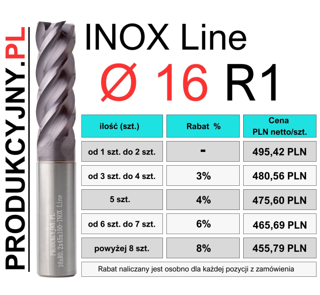 Frez z promieniem naroża fi 16 R1 INOX LINE